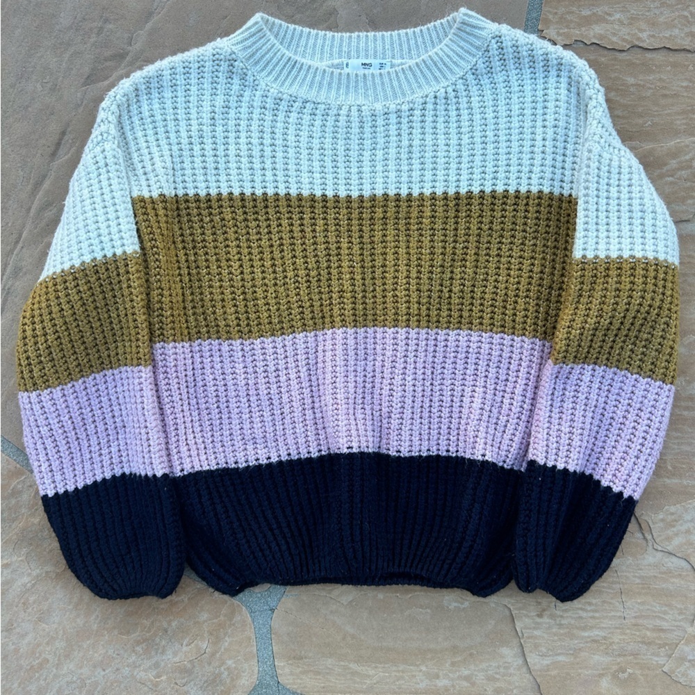 Mango Striped Knit Sweater in Cream, Gold, Pink, and Black